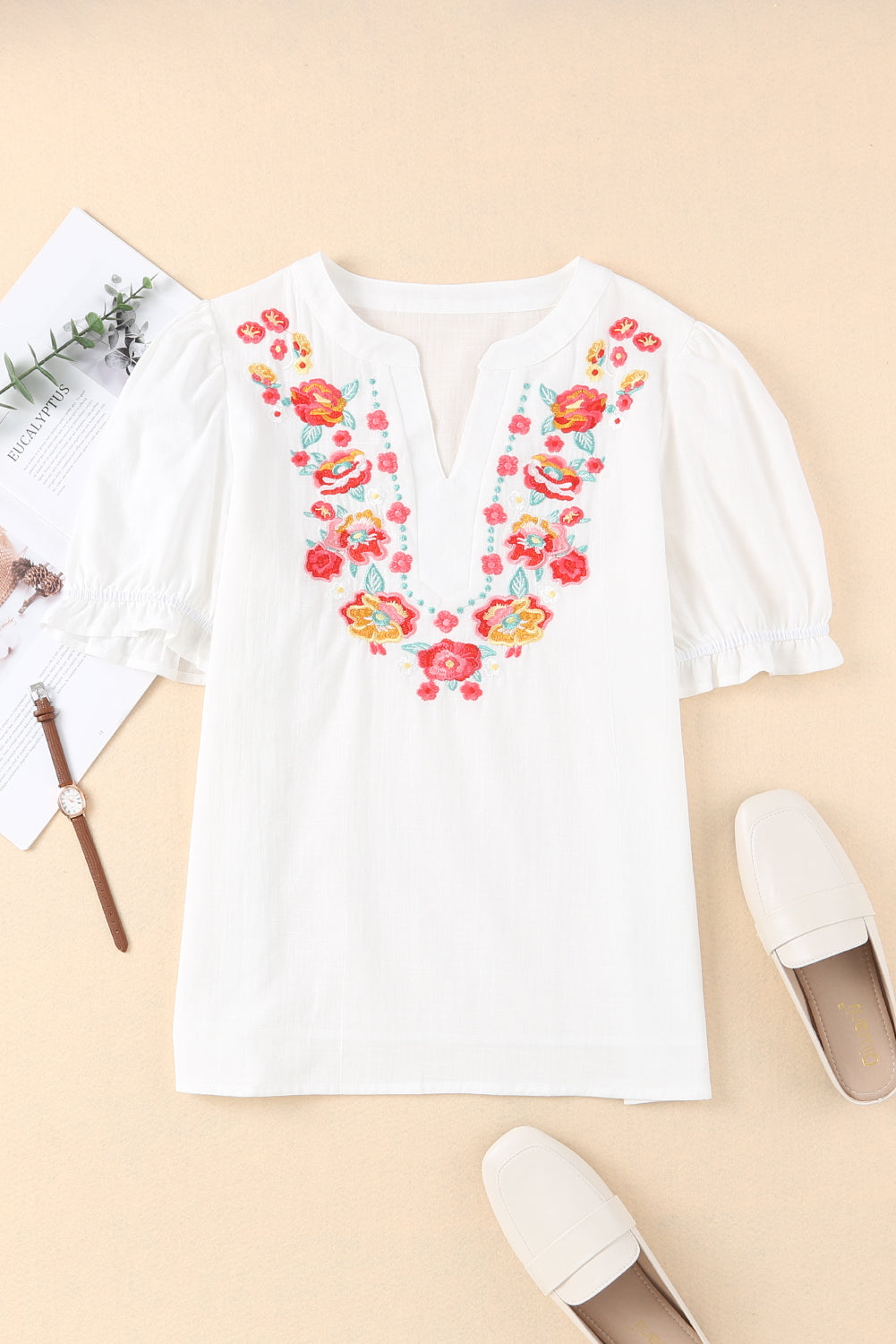 Floral Embroidered Boho Ruffle Puff Sleeve Blouse