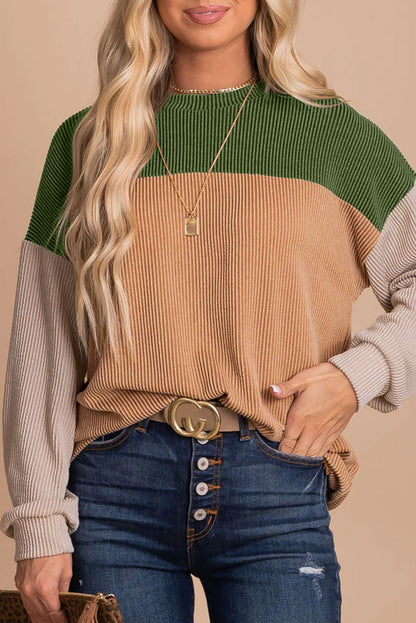 Dark Green Color Block Cording Loose Long Sleeve Top