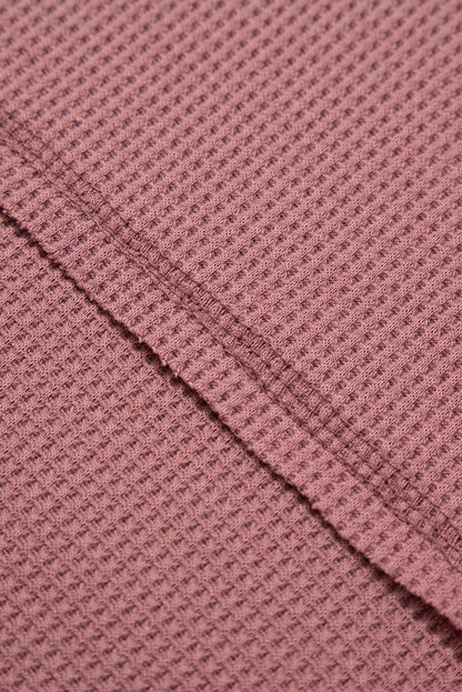Rose Exposed Seam Drop Sleeve V Neck Waffle Textured Top