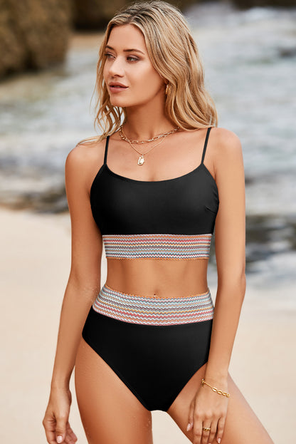Bikini Set Black Striped Patchwork Spaghetti Strap High Waist