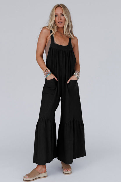 Black Solid Color Pockets Pleated Flare Leg Jumpsuit