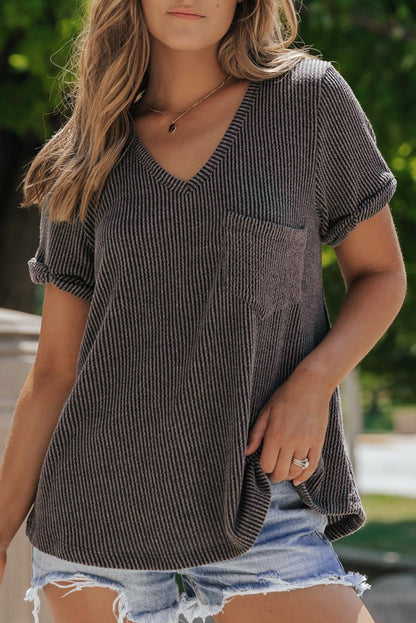 Corded Pocket V Neck T Shirt