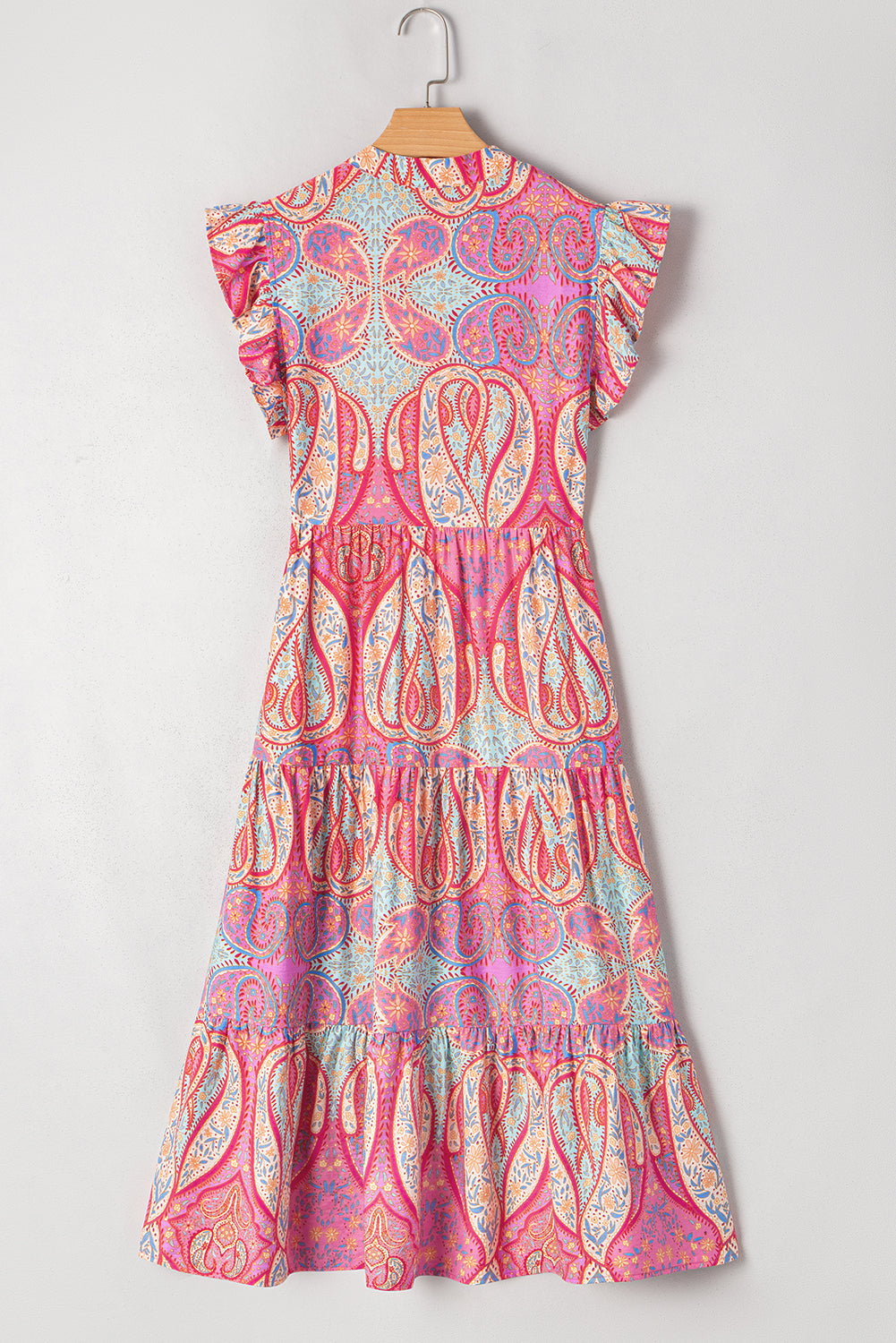 Rose Ethnic Paisley Print Ruffle Sleeve Notch Neck Midi Dress
