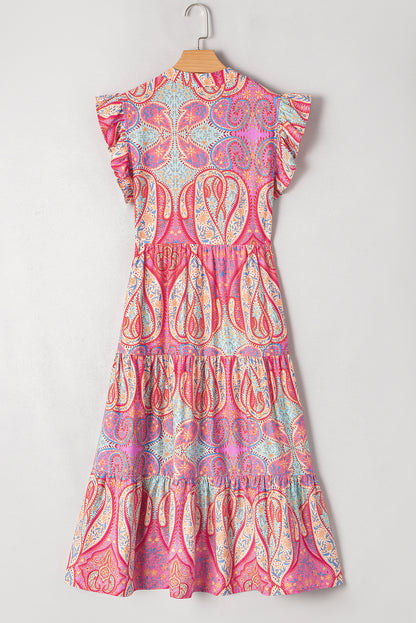 Rose Ethnic Paisley Print Ruffle Sleeve Notch Neck Midi Dress