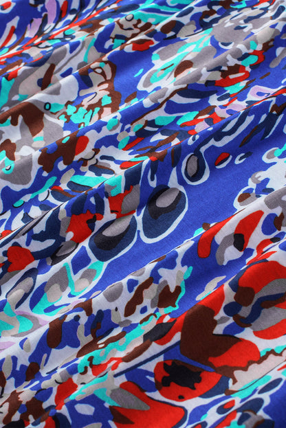 Light Blue Abstract Print Color Block Babydoll Boho Sleeveless Shirt with Ruffle