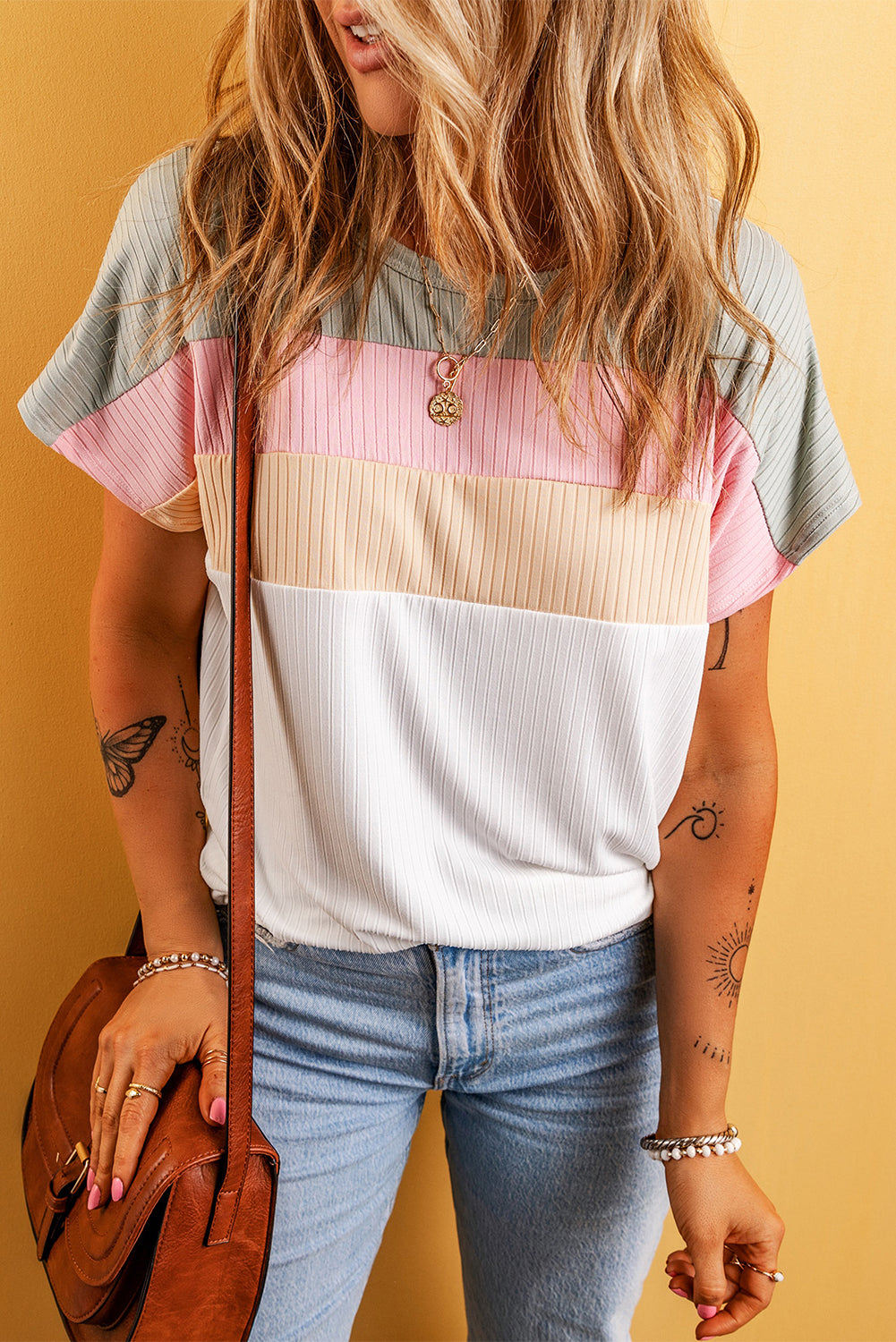 Moonlight Jade Ribbed Color Block Patchwork T shirt