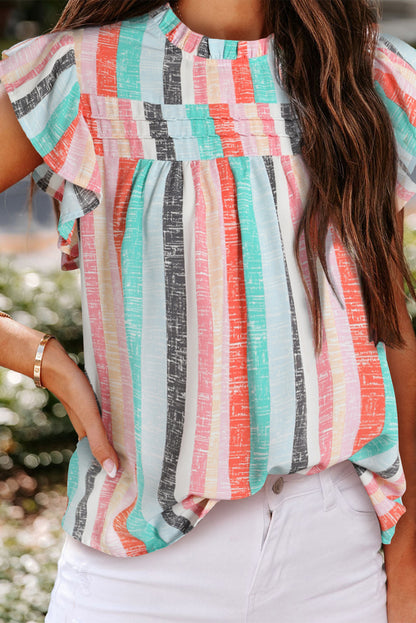 Multicolor Striped Color Block Frill Neck Ruffle Blouse