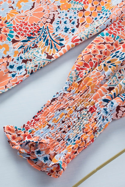Multicolor Floral Print Smocked Cuffs Long Sleeve Blouse