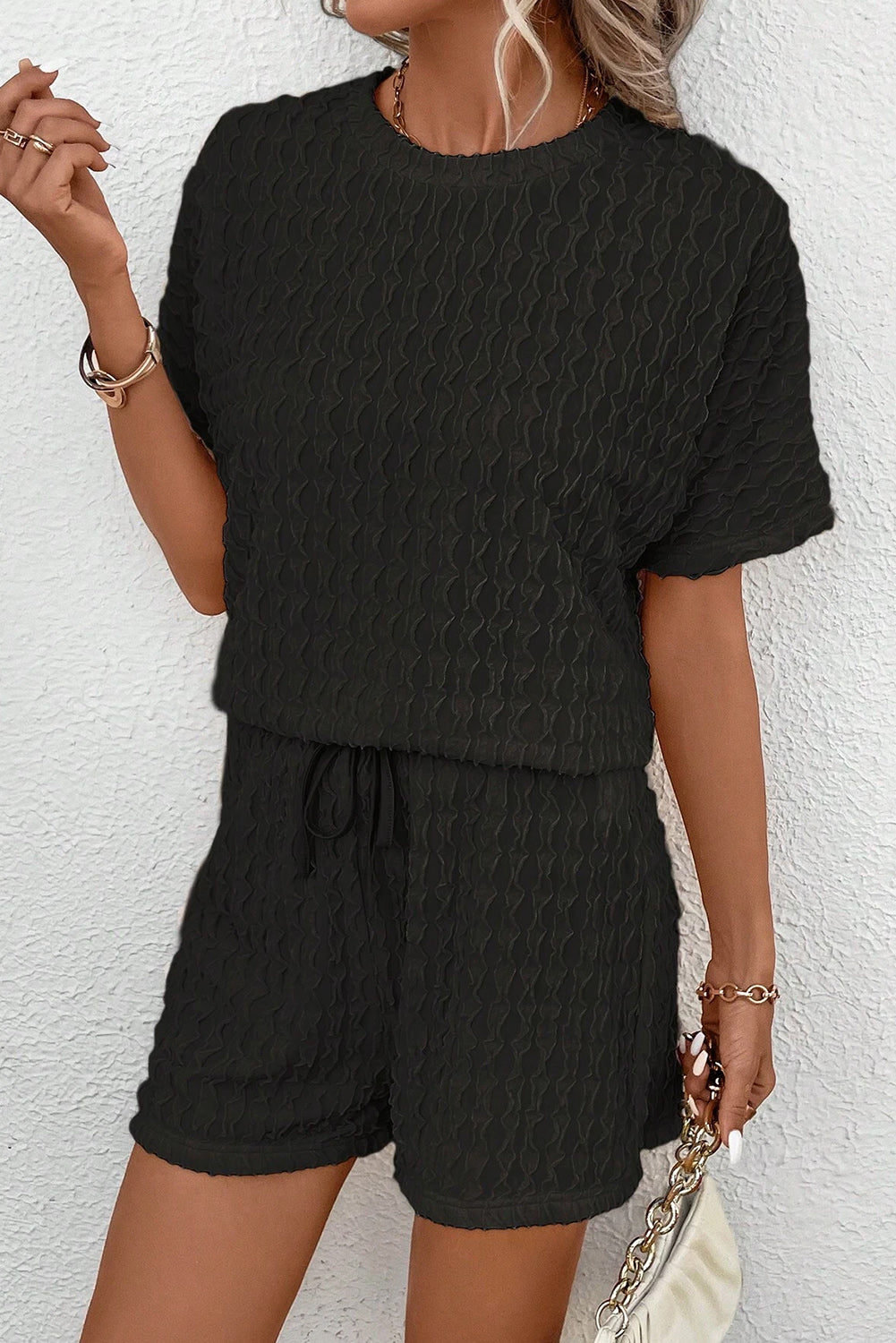 Frill Textured Tee and Drawstring Shorts Set