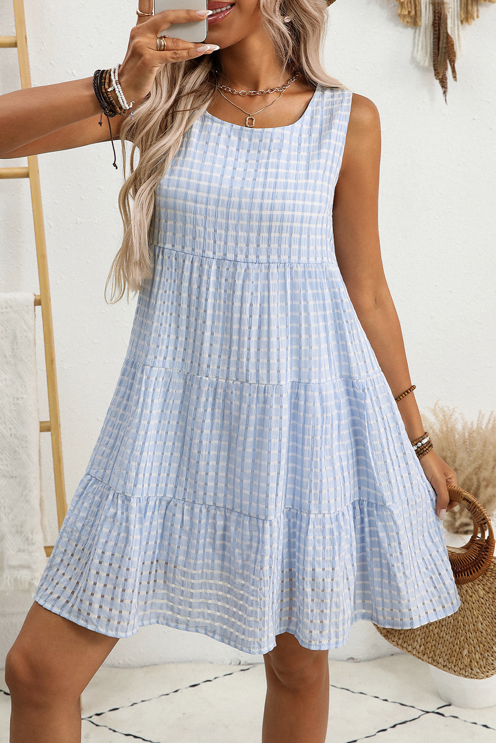 Pink Gingham High Waist Sleeveless Mini Dress