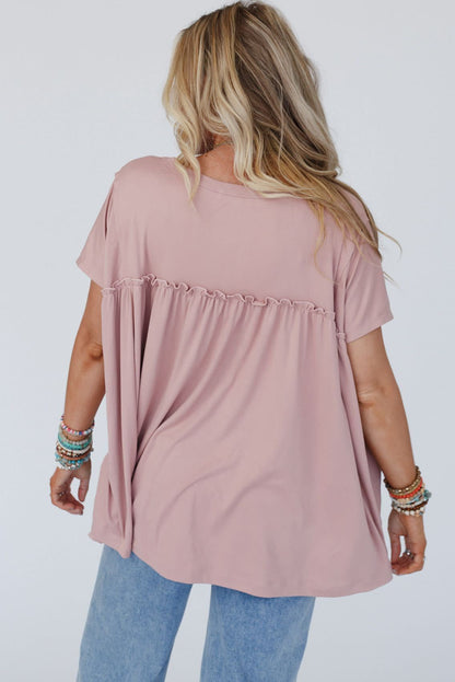 White Solid Color Frilled Loose Babydoll Blouse