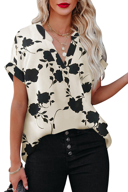 Floral Print Casual Roll Up Sleeve Blouse