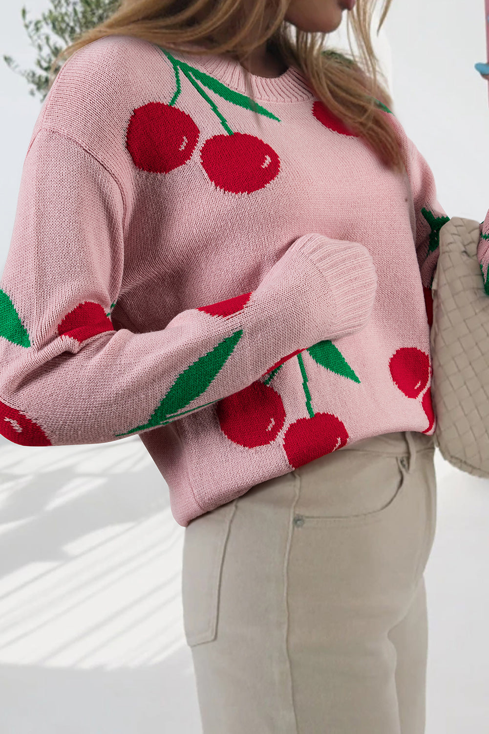 Pink Cherry Print Round Neck Knit Sweater