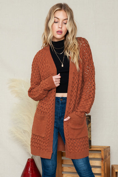 Brown Woven Texture Open Front Pockets Knit Cardigan