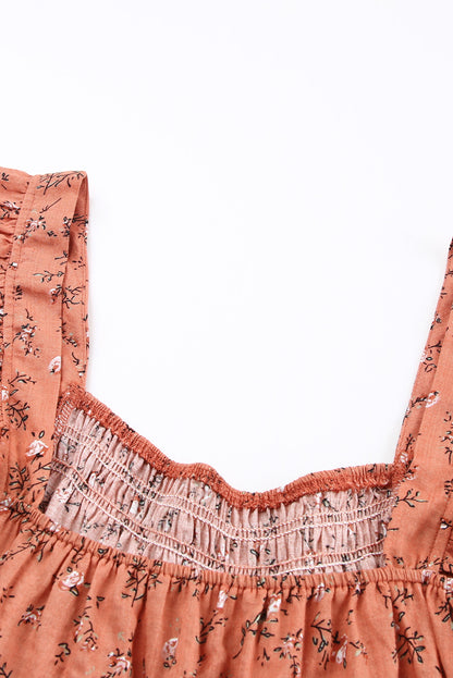 Floral Print Smocked Neck Flounce Sleeveless Shirt