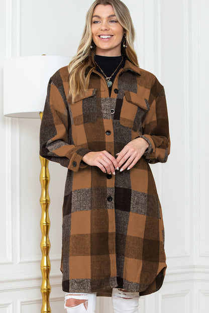 Khaki Plaid Colorblock Button Down Flap Pocket Long Shacket