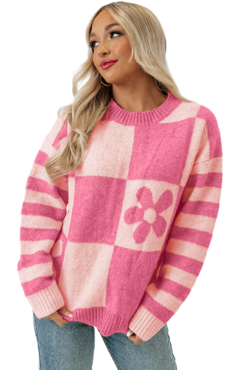 Orchid Petal Checkered and Striped Knitted Sweater