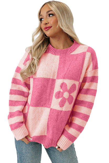 Orchid Petal Checkered and Striped Knitted Sweater