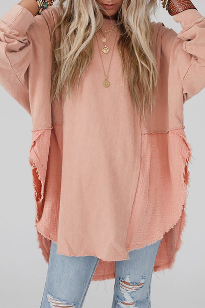 Rose Pink Crinkled Patchwork Raw Hem Oversized Tops