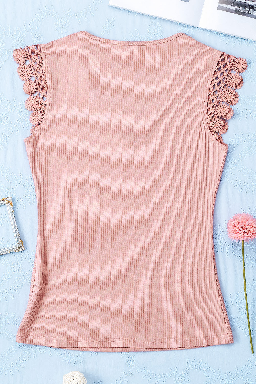 Crochet Cap Sleeve Ribbed V Neck Summer Top