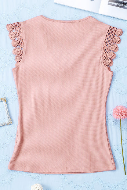 Crochet Cap Sleeve Ribbed V Neck Summer Top