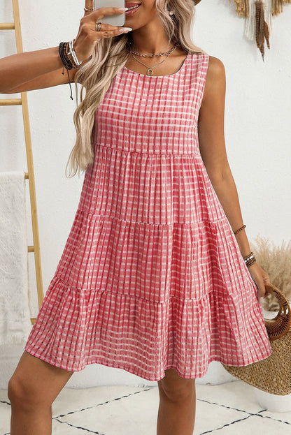 Pink Gingham High Waist Sleeveless Mini Dress