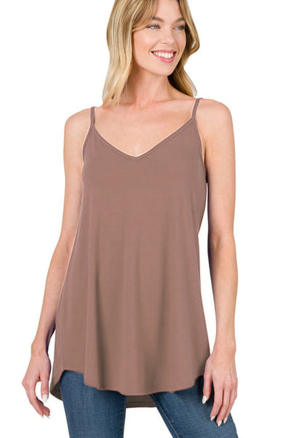 Clay Spaghetti Strap V-Neck Flowy Tunic Cami Top