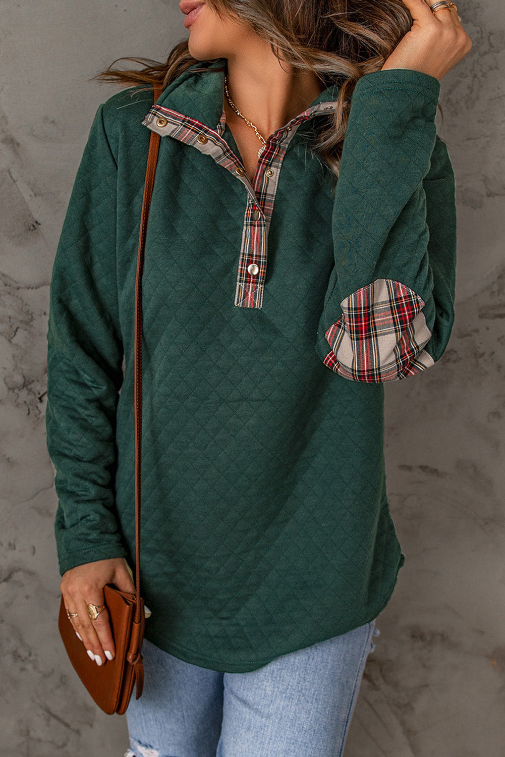 Plaid Geometric Texture Trim Buttons Neck Sweatshirt