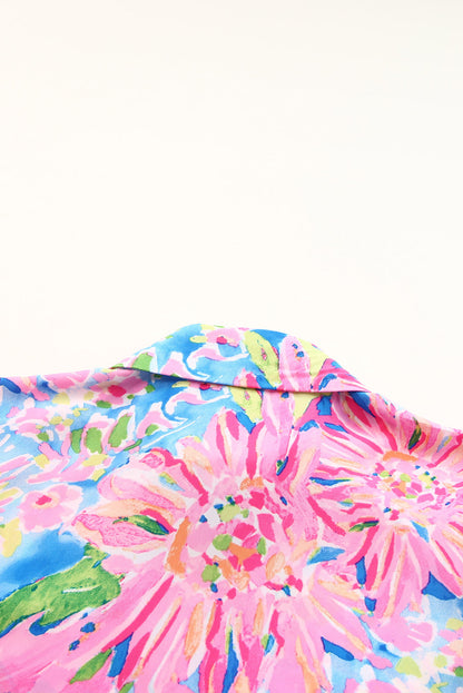 Abstract Floral Print Split V Neck Short Sleeve Blouse