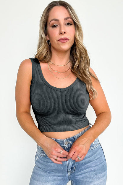 Black U Neck Ribbed Knit Cropped Tank Top