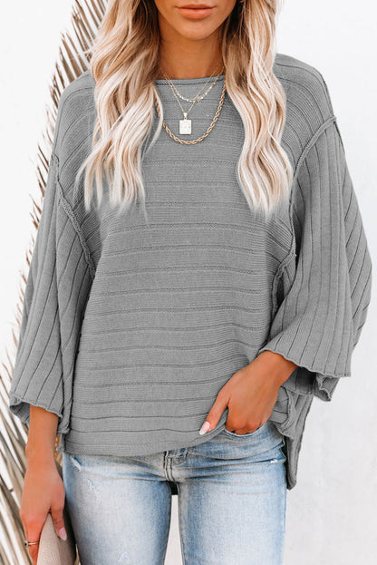 Brown Ribbed Knit Exposed Seam Dolman Sweater