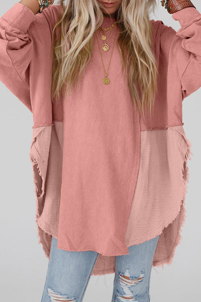 Rose Pink Crinkled Patchwork Raw Hem Oversized Tops