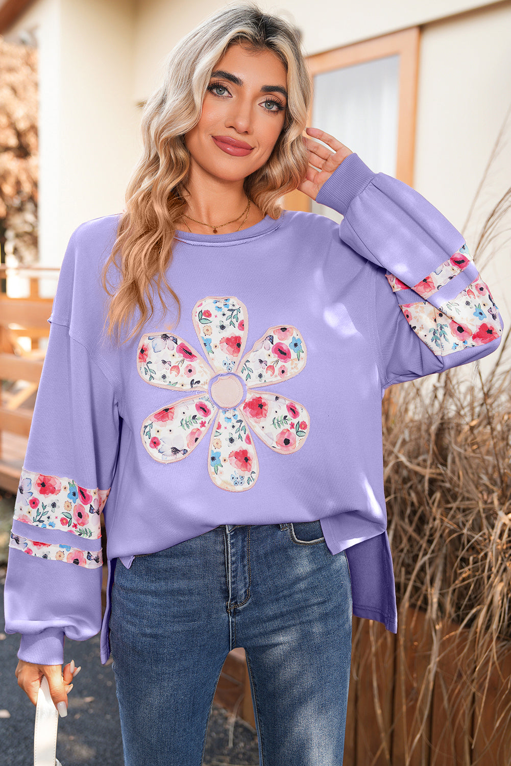 Peach Blossom Flower Applique Patchwork Drop Sleeve Pullover Sweatshirt