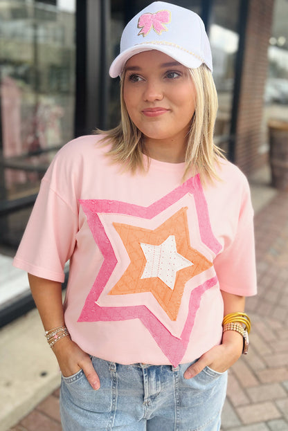 Light Pink Eyelet Colorblock Star Applique Plus Size T Shirt
