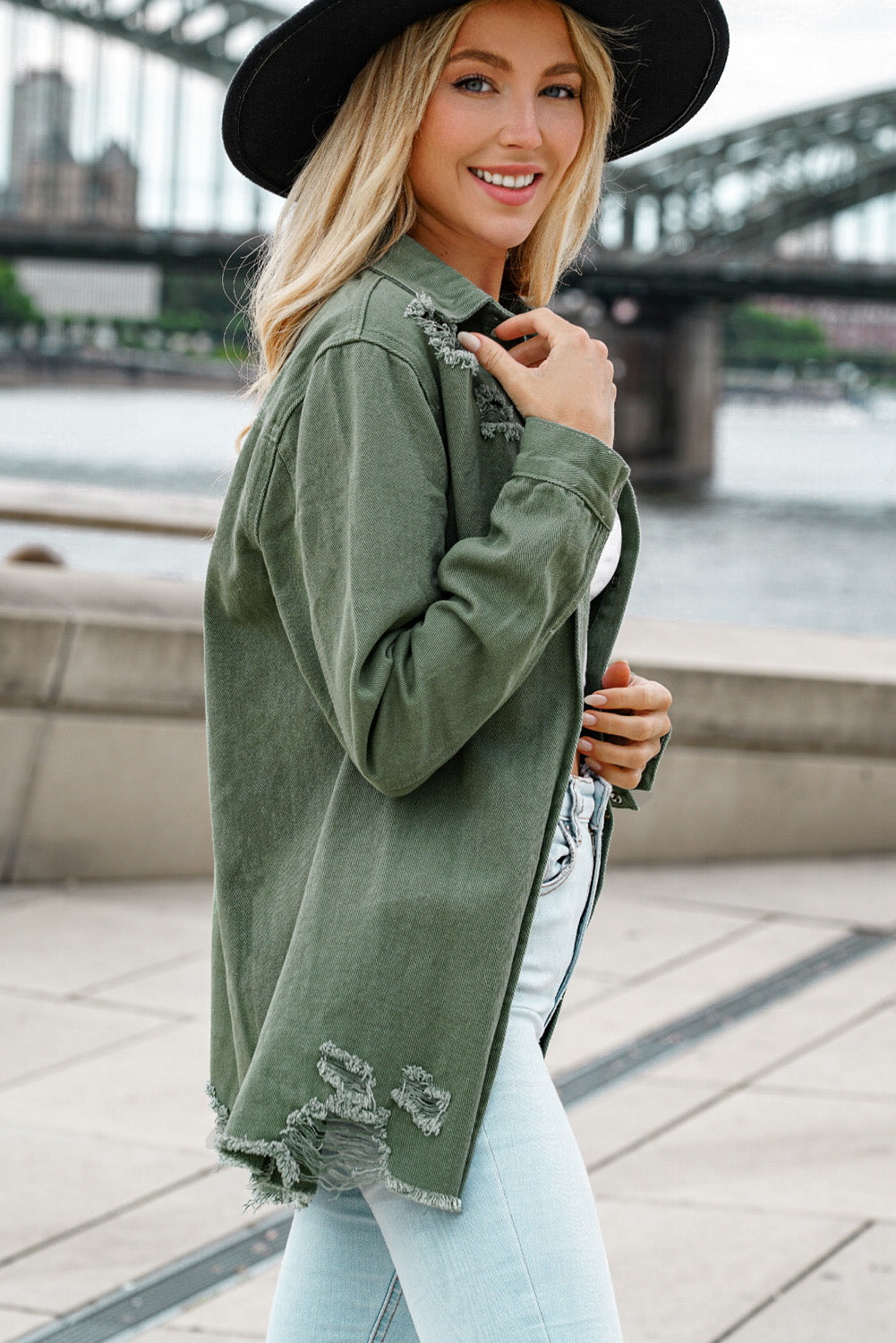 Ripped Raw Hem Button Up Denim Shacket