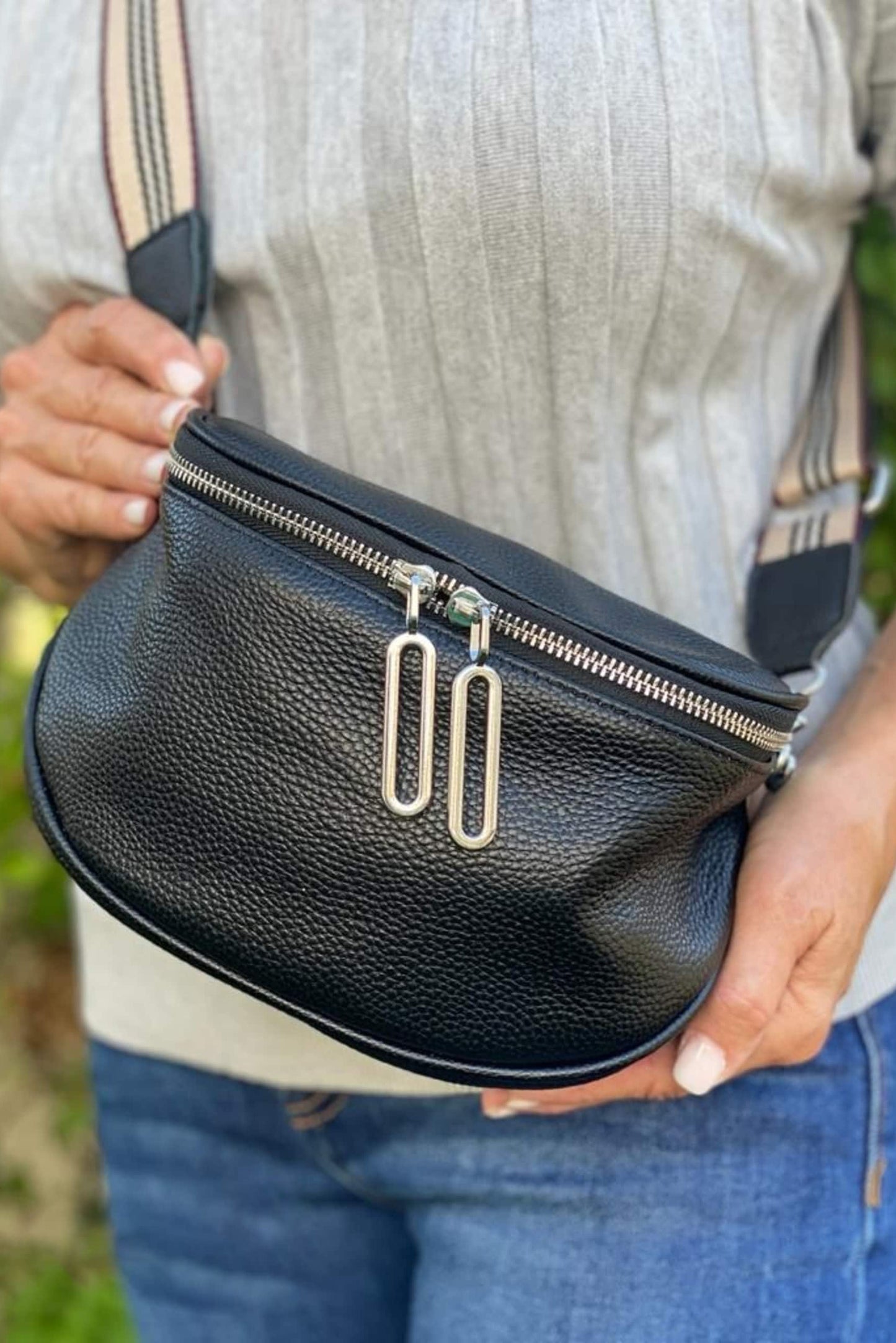 Striped Strap Zipper PU Leather Crossbody Bag