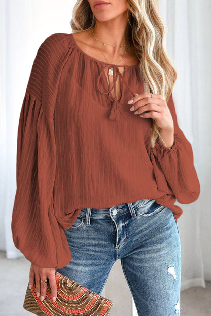 Brown Lantern Sleeve Tassel Drawstring Tie Blouse