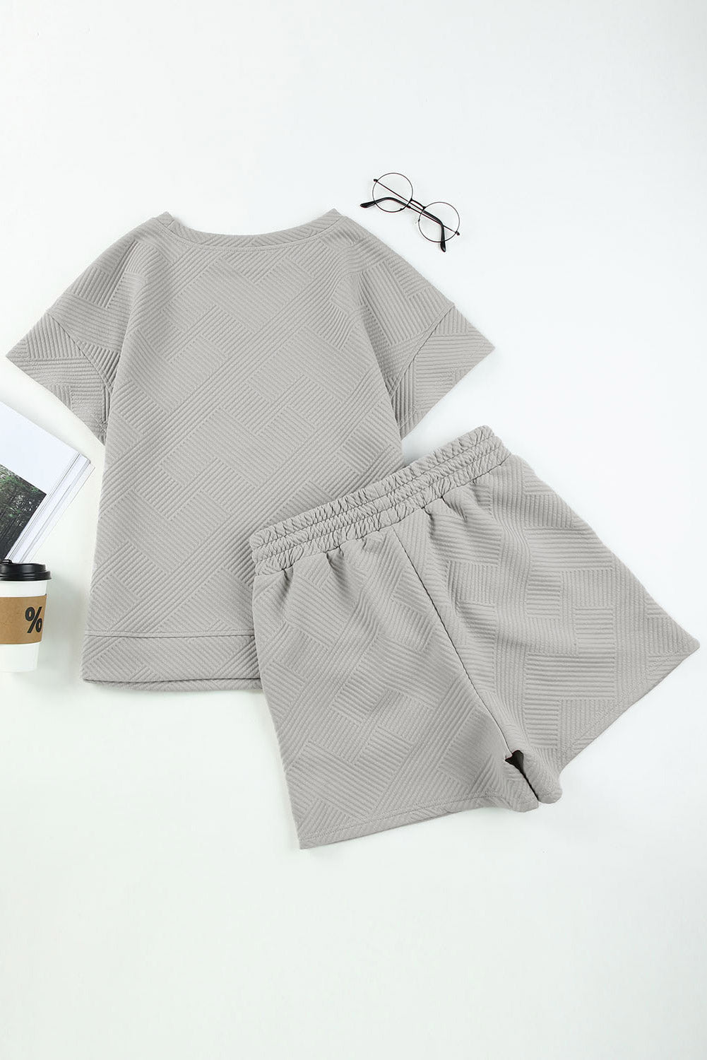 Apricot 2Pcs Solid Textured Drawstring Shorts Set