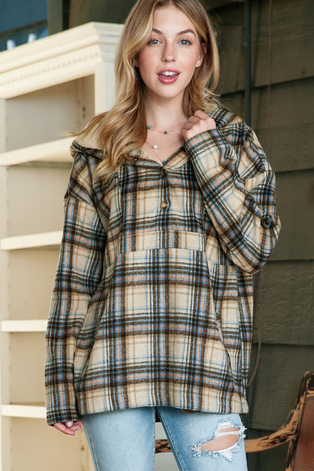 Plaid Button Neck Pocketed Pullover Hoodie
