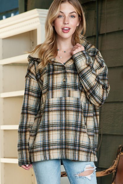 Plaid Button Neck Pocketed Pullover Hoodie