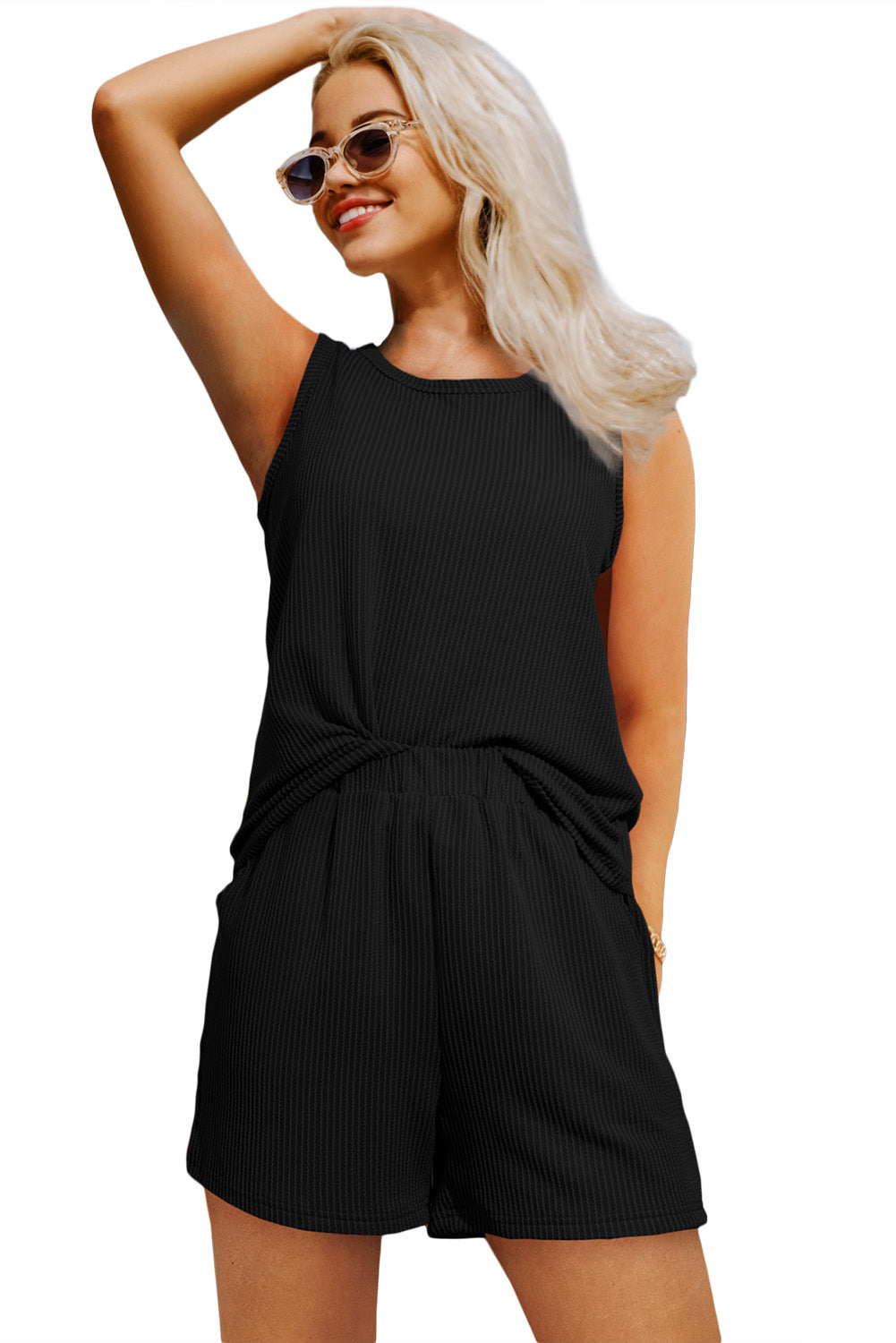 Ribbed Sleeveless Top and Pocketed Shorts Set