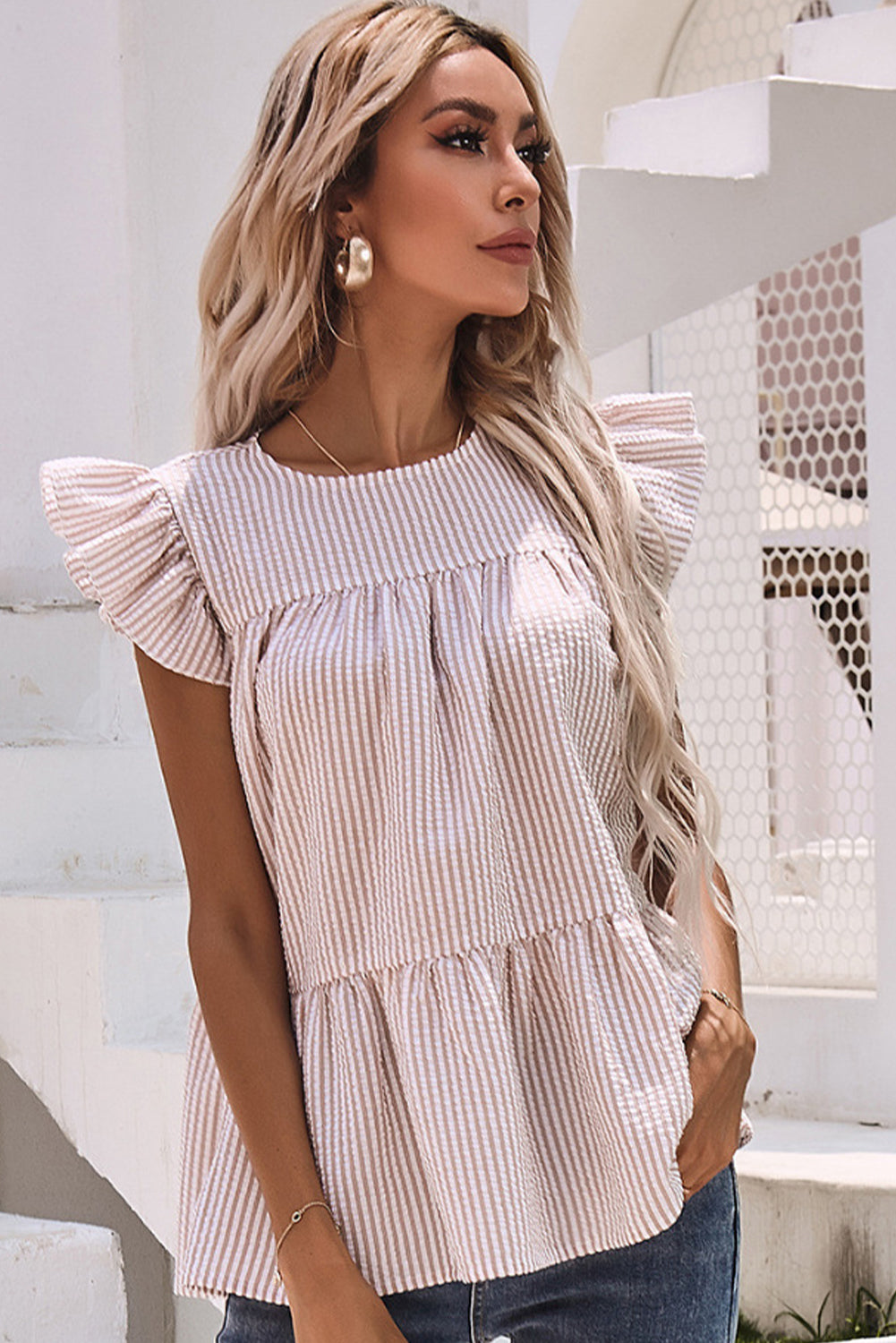 Striped Ruffle Tiered Sleeveless Shirt
