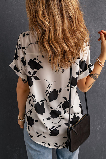Floral Print Casual Roll Up Sleeve Blouse
