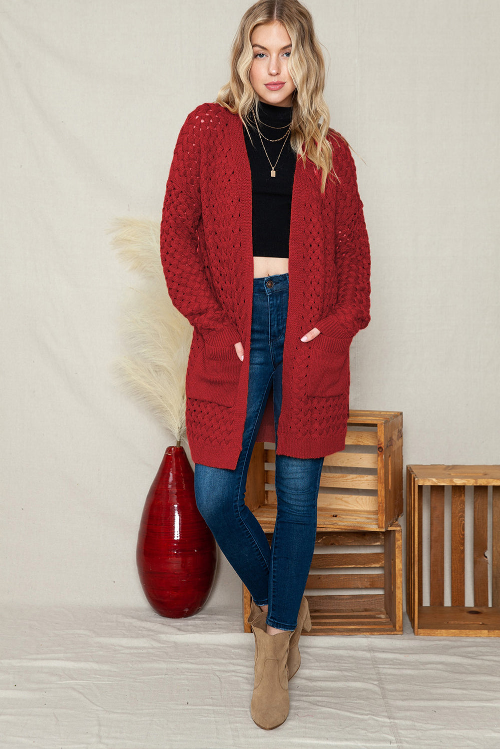 Brown Woven Texture Open Front Pockets Knit Cardigan