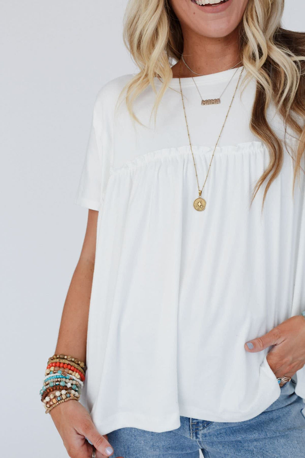 White Solid Color Frilled Loose Babydoll Blouse