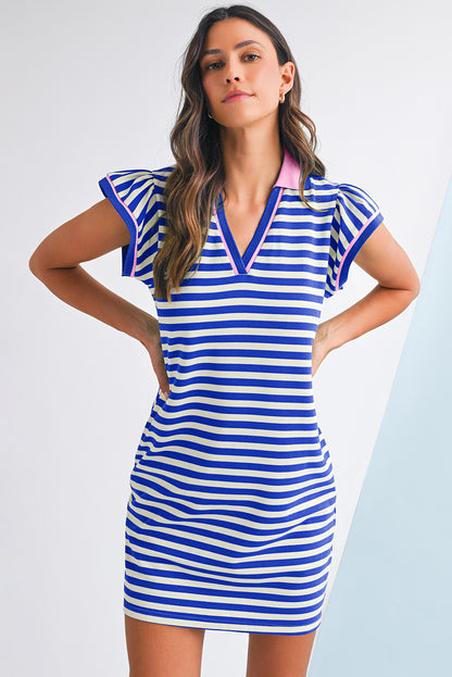 Sachet Pink Striped Ruffle Short Sleeve Pop of Color Neckline Dress