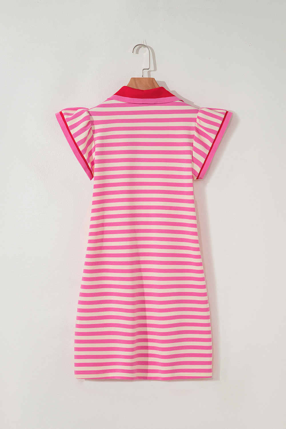 Sachet Pink Striped Ruffle Short Sleeve Pop of Color Neckline Dress