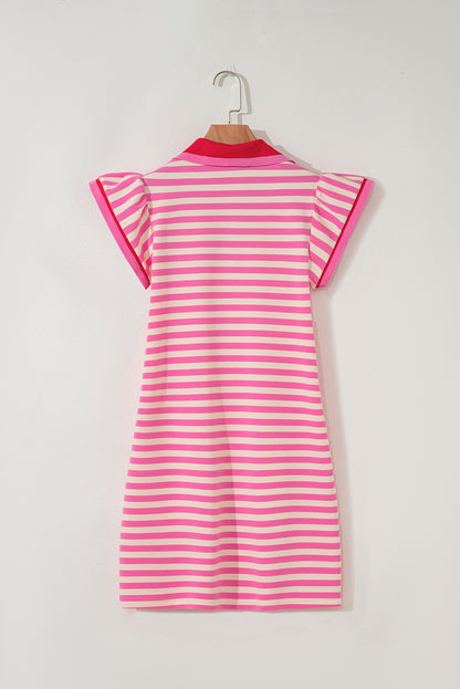 Sachet Pink Striped Ruffle Short Sleeve Pop of Color Neckline Dress