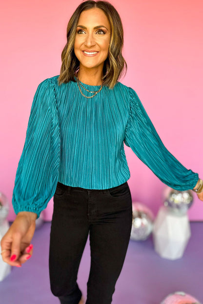 Verdant Solid Color Textured Puff Sleeve Cropped Blouse