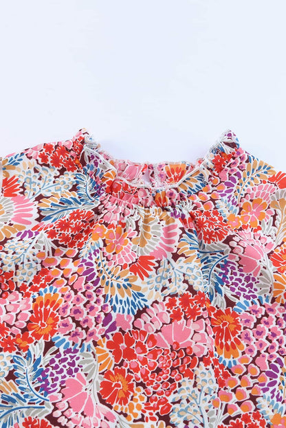 Multicolor Floral Print Smocked Cuffs Long Sleeve Blouse